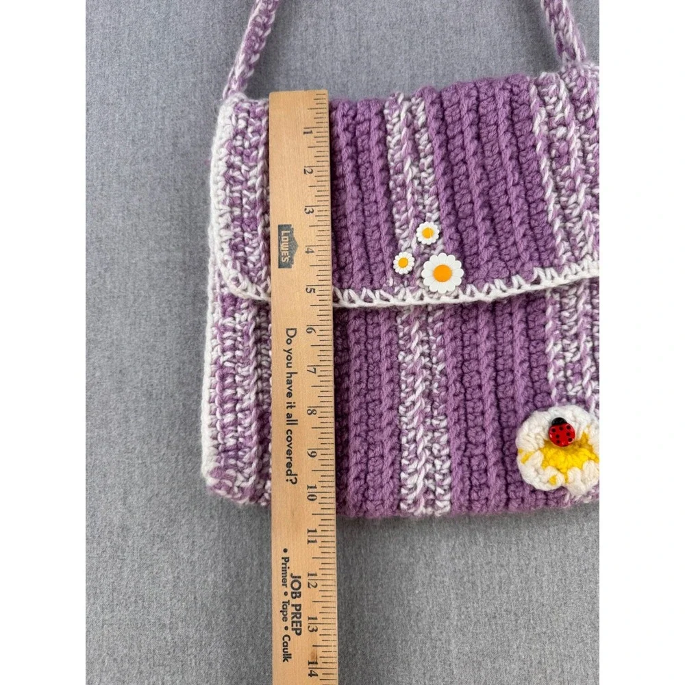 Handmade Crochet Crossbody Bag Purple White Daisy Ladybug Cottagecore Boho - Picture 5 of 15